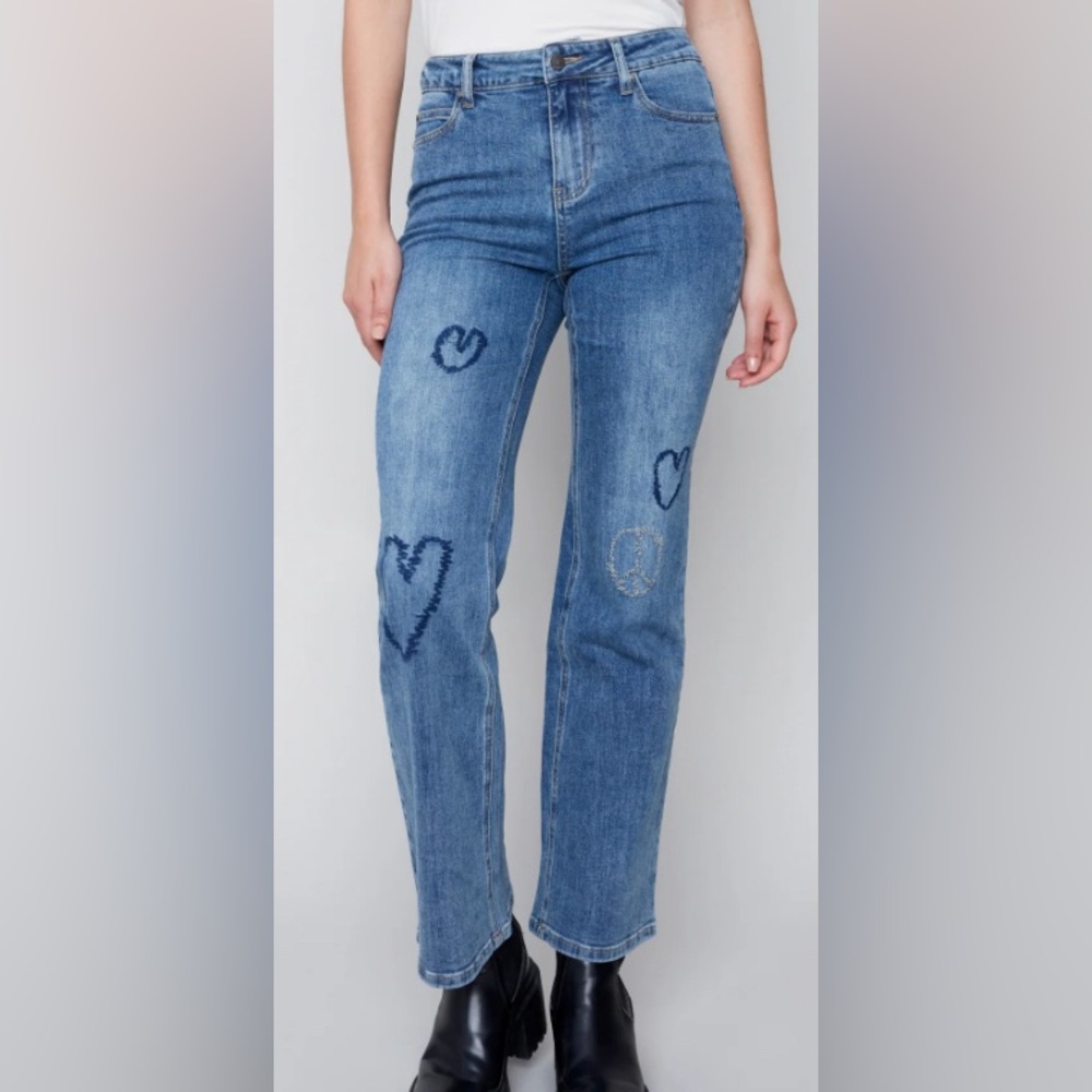 Charlie B straight leg jeans with heart and peace sign embroiderdy